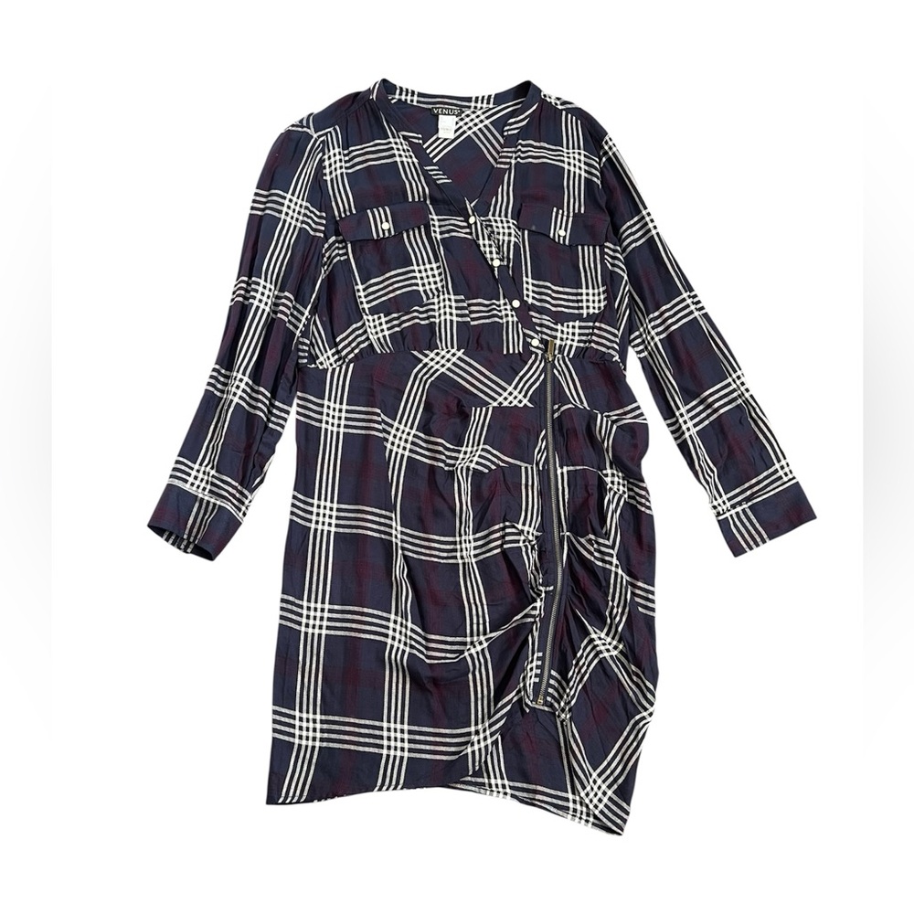 VENUS Midi Asymmetrical V-Neck Navy and White Plaid Long Sleeve Dress Size 18